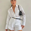 Conjunto Feminino Short e Camisa Manga Longa de Colarinho