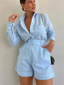 Conjunto Feminino Short e Camisa Manga Longa de Colarinho