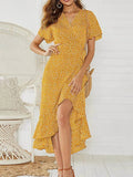 Vestido Longo de Chiffon Babado Decote V
