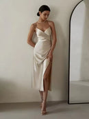 Vestido Feminino Fenda Alta Plissado Cetim
