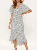 Vestido Longo de Chiffon Babado Decote V