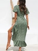 Vestido Longo de Chiffon Babado Decote V